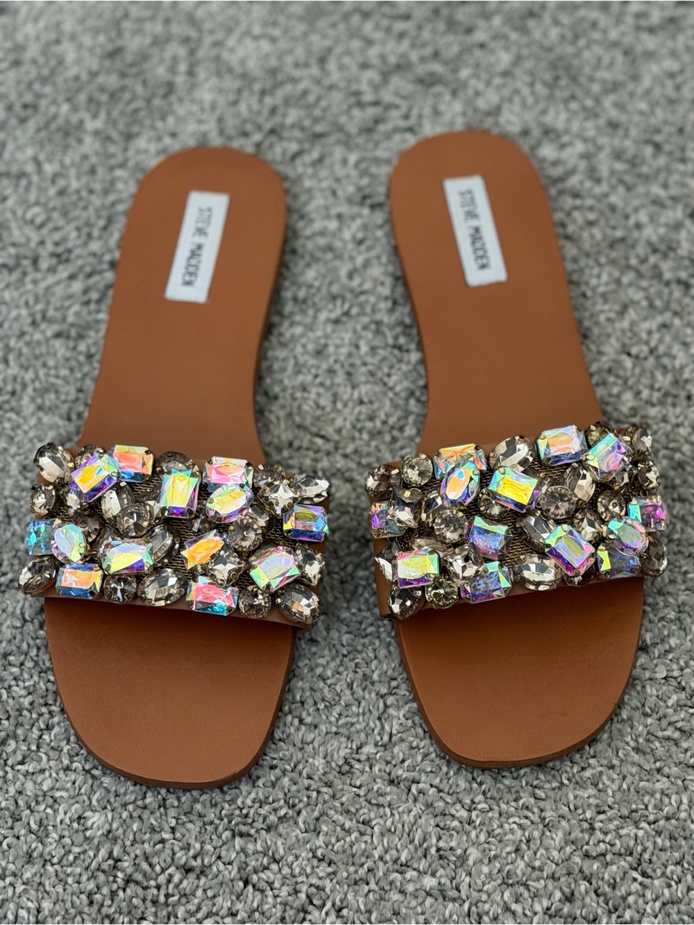 Steve Madden Brown Slides with Iridescent Jewel Embellishments